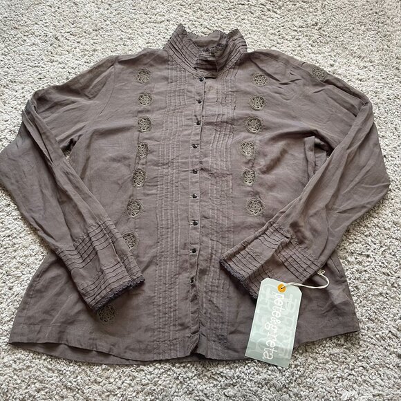 Pete And Greta by Johnny Was High Neck Embroidered Blouse Gray NWT $220 Large - Picture 1 of 10
